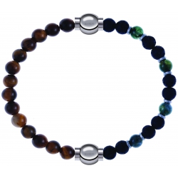 Apollon - Collection MiX - bracelet combinable oeil de tigre 6mm - 10,25cm + agate teintée verte - pierre de lave 6mm - 10,75cm