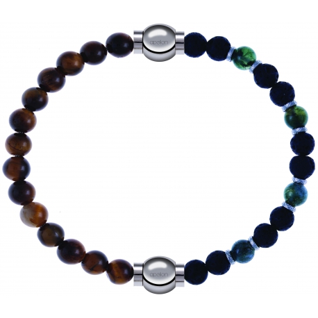 Apollon - Collection MiX - bracelet combinable oeil de tigre 6mm - 10,25cm + agate teintée verte - pierre de lave 6mm - 10,75cm