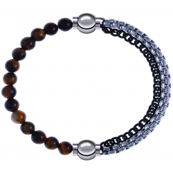 Apollon - Collection MiX - bracelet combinable oeil de tigre 6mm - 10,25cm + chaines 2 tons noir et blancs - 10,25cm