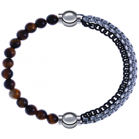 Apollon - Collection MiX - bracelet combinable oeil de tigre 6mm - 10,25cm + chaines 2 tons noir et blancs - 10,25cm