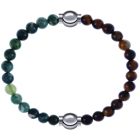 Apollon - Collection MiX - bracelet combinable agate verte mousse 6mm - 10,25cm + oeil de tigre 6mm - 10,25cm