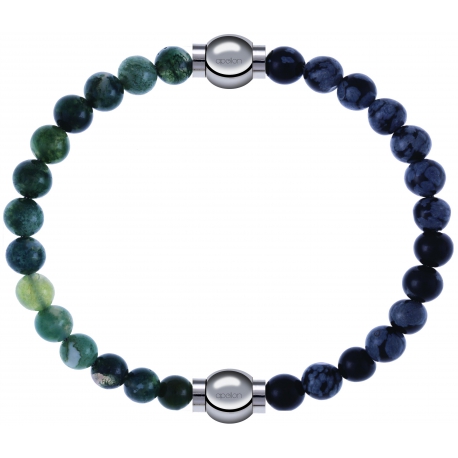 Apollon - Collection MiX - bracelet combinable agate verte mousse 6mm - 10,25cm + obsidienne neige 6mm - 10,25cm