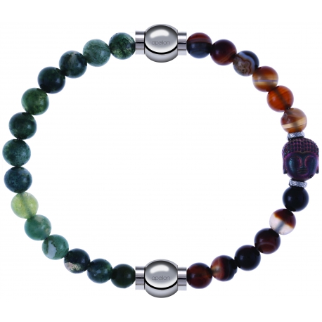 Apollon - Collection MiX - bracelet combinable agate verte mousse 6mm - 10,25cm + agate marron 6mm - Bouddha - 10cm