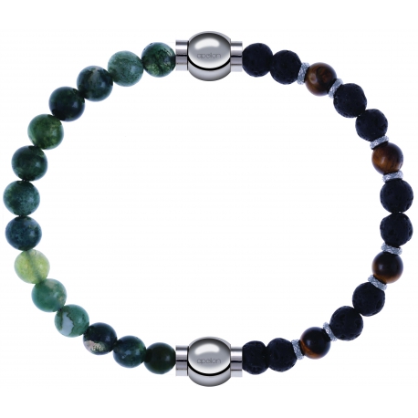 Apollon - Collection MiX - bracelet combinable agate verte mousse 6mm - 10,25cm + oeil de tigre - pierre de lave 6mm - 10,75cm