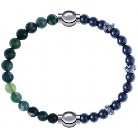 Apollon - Collection MiX - bracelet combinable agate verte mousse 6mm - 10,25cm + hématite 6mm - 10cm