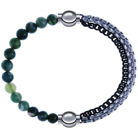 Apollon - Collection MiX - bracelet combinable agate verte mousse 6mm - 10,25cm + chaines 2 tons noir et blancs - 10,25cm