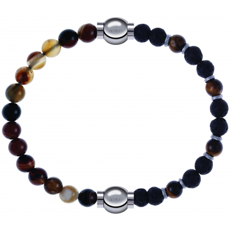 Apollon - Collection MiX - bracelet combinable agate marron 6mm - 10,25cm + oeil de tigre - pierre de lave 6mm - 10,75cm