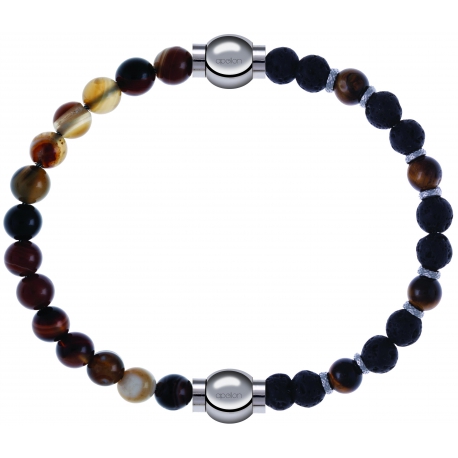 Apollon - Collection MiX - bracelet combinable agate marron 6mm - 10,25cm + oeil de tigre - pierre de lave 6mm - 10,75cm