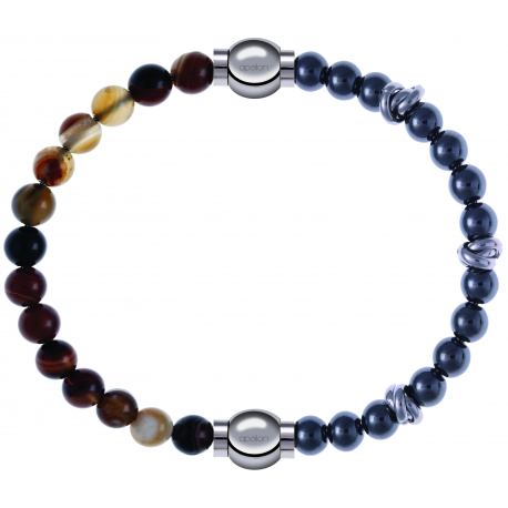 Apollon - Collection MiX - bracelet combinable agate marron 6mm - 10,25cm + hématite 6mm - 10cm