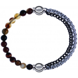 Apollon - Collection MiX - bracelet combinable agate marron 6mm - 10,25cm + chaines 2 tons noir et blancs - 10,25cm