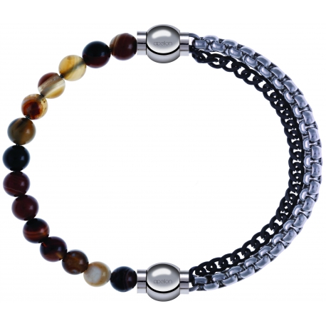 Apollon - Collection MiX - bracelet combinable agate marron 6mm - 10,25cm + chaines 2 tons noir et blancs - 10,25cm