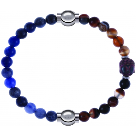 Apollon - Collection MiX - bracelet combinable sodalite 6mm - 10,25cm + agate marron 6mm - Bouddha - 10cm