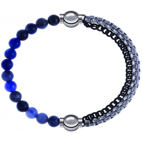 Apollon - Collection MiX - bracelet combinable sodalite 6mm - 10,25cm + chaines 2 tons noir et blancs - 10,25cm