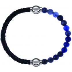 Apollon - Collection MiX - bracelet combinable cuir tressé italien noir - 10,5cm + sodalite 6mm - 10,25cm