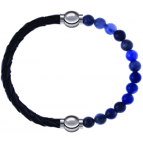 Apollon - Collection MiX - bracelet combinable cuir tressé italien noir - 10,5cm + sodalite 6mm - 10,25cm