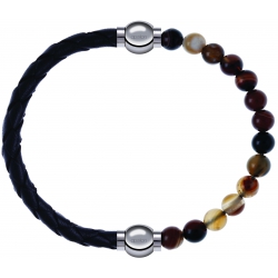 Apollon - Collection MiX - bracelet combinable cuir tressé italien noir - 10,5cm + agate marron 6mm - 10,25cm