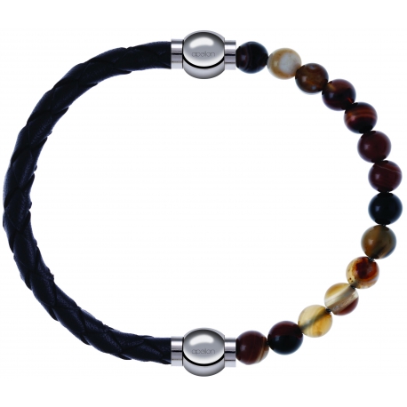 Apollon - Collection MiX - bracelet combinable cuir tressé italien noir - 10,5cm + agate marron 6mm - 10,25cm