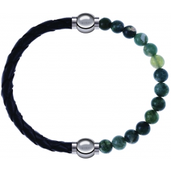 Apollon - Collection MiX - bracelet combinable cuir tressé italien noir - 10,5cm + agate verte mousse 6mm - 10,25cm