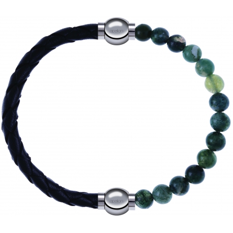 Apollon - Collection MiX - bracelet combinable cuir tressé italien noir - 10,5cm + agate verte mousse 6mm - 10,25cm