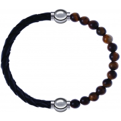 Apollon - Collection MiX - bracelet combinable cuir tressé italien noir - 10,5cm + oeil de tigre 6mm - 10,25cm