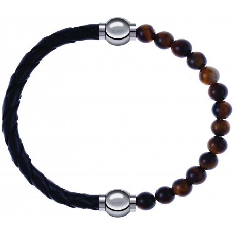 Apollon - Collection MiX - bracelet combinable cuir tressé italien noir - 10,5cm + oeil de tigre 6mm - 10,25cm