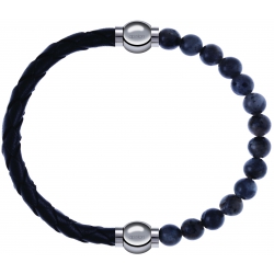 Apollon - Collection MiX - bracelet combinable cuir tressé italien noir - 10,5cm + labradorite 6mm - 10,25cm