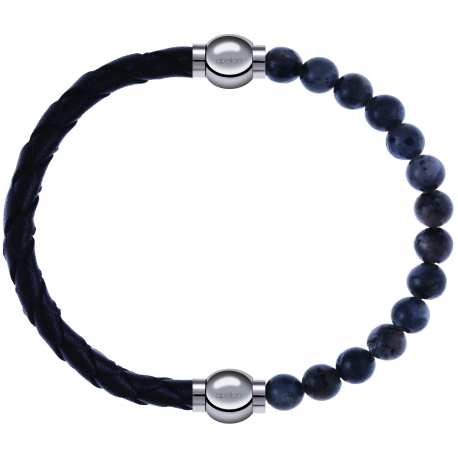 Apollon - Collection MiX - bracelet combinable cuir tressé italien noir - 10,5cm + labradorite 6mm - 10,25cm