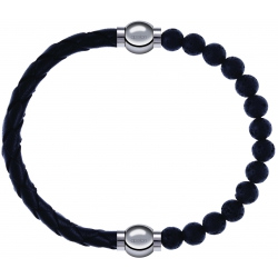 Apollon - Collection MiX - bracelet combinable cuir tressé italien noir - 10,5cm + pierre de lave 6mm - 10,25cm