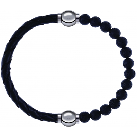 Apollon - Collection MiX - bracelet combinable cuir tressé italien noir - 10,5cm + pierre de lave 6mm - 10,25cm