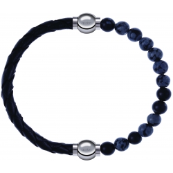 Apollon - Collection MiX - bracelet combinable cuir tressé italien noir - 10,5cm + obsidienne neige 6mm - 10,25cm