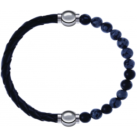 Apollon - Collection MiX - bracelet combinable cuir tressé italien noir - 10,5cm + obsidienne neige 6mm - 10,25cm