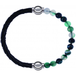 Apollon - Collection MiX - bracelet combinable cuir tressé italien noir - 10,5cm + agate indienne teintée 6mm - 10,25cm