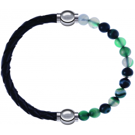 Apollon - Collection MiX - bracelet combinable cuir tressé italien noir - 10,5cm + agate indienne teintée 6mm - 10,25cm