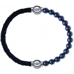 Apollon - Collection MiX - bracelet combinable cuir tressé italien noir - 10,5cm + hématite 6mm - 10,25cm