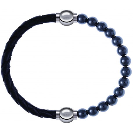 Apollon - Collection MiX - bracelet combinable cuir tressé italien noir - 10,5cm + hématite 6mm - 10,25cm