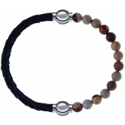 Apollon - Collection MiX - bracelet combinable cuir tressé italien noir - 10,5cm + agate jaspe 6mm - 10,25cm