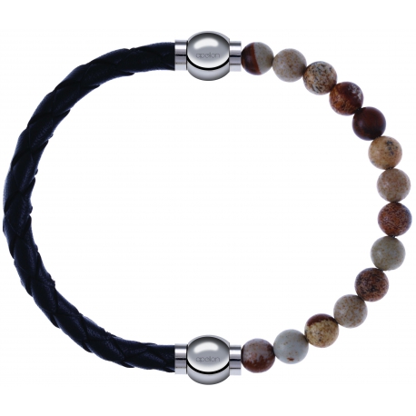 Apollon - Collection MiX - bracelet combinable cuir tressé italien noir - 10,5cm + agate jaspe 6mm - 10,25cm