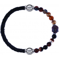 Apollon - Collection MiX - bracelet combinable cuir tressé italien noir - 10,5cm + agate marron 6mm - Bouddha - 10cm