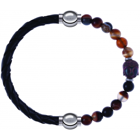 Apollon - Collection MiX - bracelet combinable cuir tressé italien noir - 10,5cm + agate marron 6mm - Bouddha - 10cm