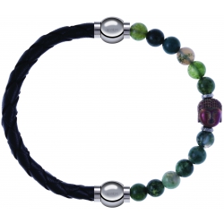 Apollon - Collection MiX - bracelet combinable cuir tressé italien noir - 10,5cm + agate verte 6mm - Bouddha - 10cm