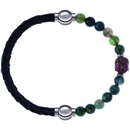 Apollon - Collection MiX - bracelet combinable cuir tressé italien noir - 10,5cm + agate verte 6mm - Bouddha - 10cm