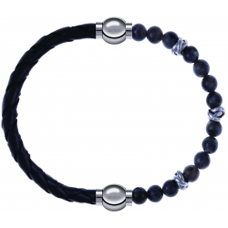 Apollon - Collection MiX - bracelet combinable cuir tressé italien noir - 10,5cm + labradorite 6mm - 10cm