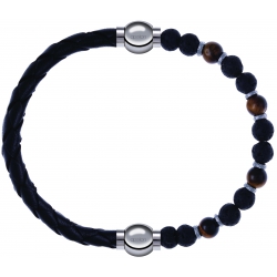 Apollon - Collection MiX - bracelet combinable cuir tressé italien noir - 10,5cm + oeil de tigre - pierre de lave 6mm - 10,75cm