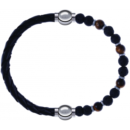 Apollon - Collection MiX - bracelet combinable cuir tressé italien noir - 10,5cm + oeil de tigre - pierre de lave 6mm - 10,75cm