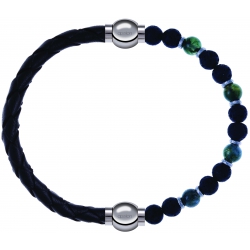 Apollon - Collection MiX - bracelet combinable cuir tressé italien noir-10,5cm + agate teintée verte-pierre de lave 6mm-10,75cm