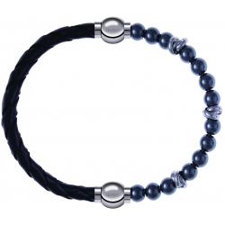 Apollon - Collection MiX - bracelet combinable cuir tressé italien noir - 10,5cm + hématite 6mm - 10cm