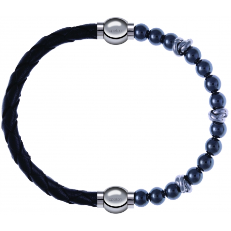 Apollon - Collection MiX - bracelet combinable cuir tressé italien noir - 10,5cm + hématite 6mm - 10cm