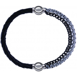 Apollon - Collection MiX - bracelet combinable cuir tressé italien noir - 10,5cm + chaines 2 tons noir et blancs - 10,25cm