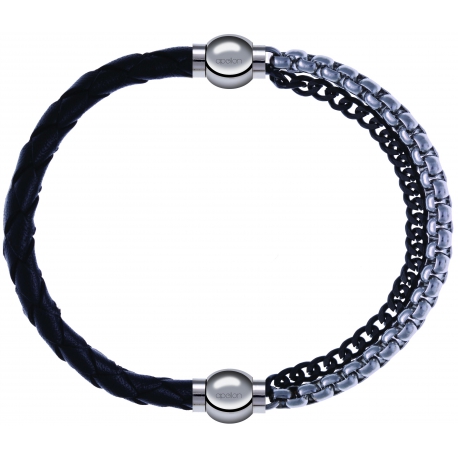 Apollon - Collection MiX - bracelet combinable cuir tressé italien noir - 10,5cm + chaines 2 tons noir et blancs - 10,25cm