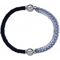 Apollon - Collection MiX - bracelet combinable cuir tressé italien noir - 10,5cm + chaines - 10,25cm
